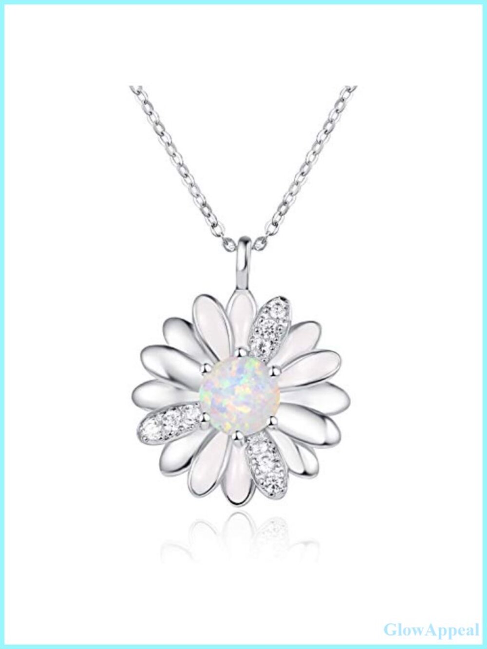 925 Sterling Silver Opal Daisy Pendant Necklace 18"+2" Extender